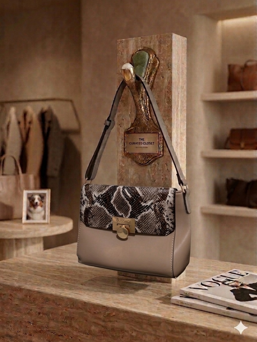 Gussaci Structured Handbag | Rich Beige & Snake Print | Mint Condition